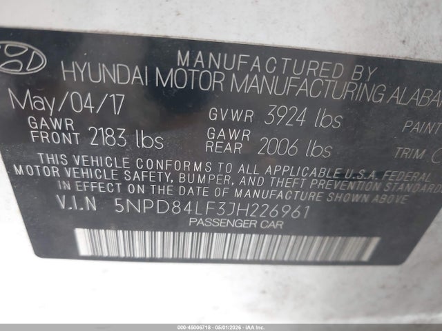 5NPD84LF3JH226961 Hyundai ELANTRA SEL