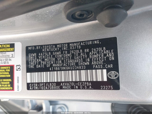 2019 Toyota Camry Xse მანქანა იყიდება აუქციონზე, vin: 4T1B61HK6KU234833, აუქციონის ნომერი: 45006732