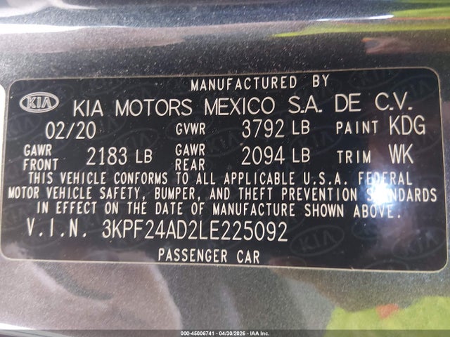 Продаж на аукціоні авто 2020 Kia Forte Lxs, vin: 3KPF24AD2LE225092, номер лоту: 45006741