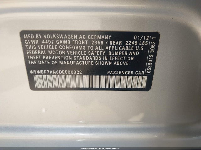 45006746 :رقم المزاد ، WVWBP7AN0DE500322 vin ، 2013 Volkswagen Cc 2.0t Sport Plus مزاد بيع