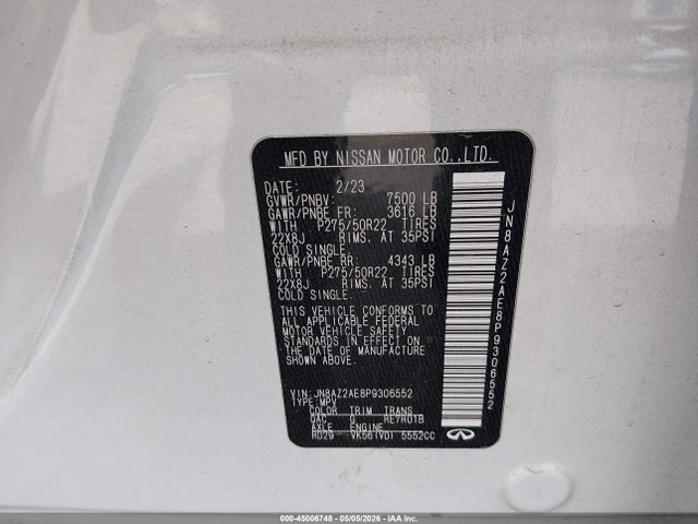 Aukcja sprzedaży 2023 Infiniti Qx80 Premium Select Awd, vin: JN8AZ2AE8P9306552, numer aukcji: 45006748