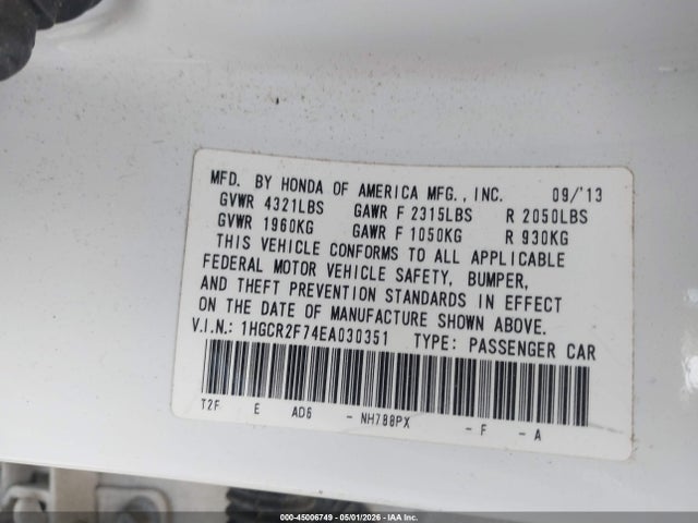 45006749 :رقم المزاد ، 1HGCR2F74EA030351 vin ، 2014 Honda Accord Ex مزاد بيع