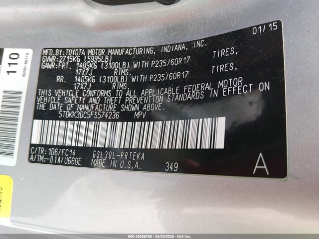45006768 :رقم المزاد ، 5TDKK3DC5FS574236 vin ، 2015 Toyota Sienna Le 7 Passenger/le 8 Passenger مزاد بيع