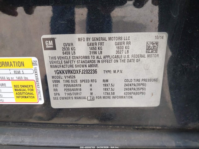 45006769 :رقم المزاد ، 1GKKVRKDXFJ202236 vin ، 2015 Gmc Acadia Slt-1 مزاد بيع