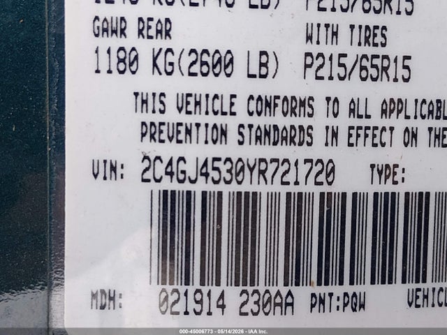 Aukcja sprzedaży 2000 Chrysler Voyager Se, vin: 2C4GJ4530YR721720, numer aukcji: 45006773