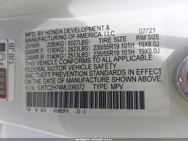 2021 Acura Rdx Advance Package/pmc Edition მანქანა იყიდება აუქციონზე, vin: 5J8TC2H74ML036572, აუქციონის ნომერი: 45006775