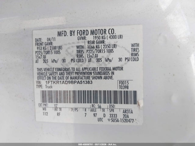 Продаж на аукціоні авто 2011 Ford Ranger Xl, vin: 1FTKR1AD9BPA51383, номер лоту: 45006781
