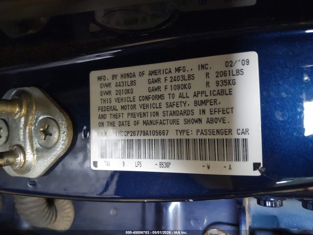 2009 Honda Accord 2.4 Ex მანქანა იყიდება აუქციონზე, vin: 1HGCP26779A105667, აუქციონის ნომერი: 45006783