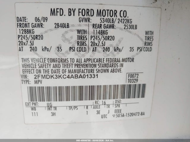 2010 Ford Edge Limited მანქანა იყიდება აუქციონზე, vin: 2FMDK3KC4ABA01331, აუქციონის ნომერი: 45006795
