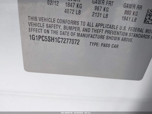 45006798 :رقم المزاد ، 1G1PC5SH1C7277072 vin ، 2012 Chevrolet Cruze Ls مزاد بيع