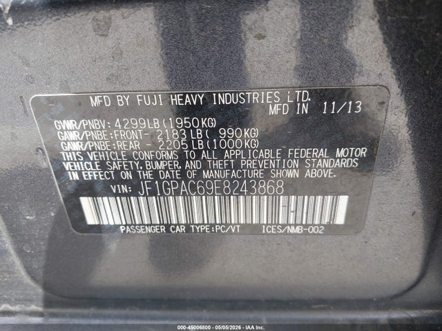 Продаж на аукціоні авто 2014 Subaru Impreza 2.0i Premium, vin: JF1GPAC69E8243868, номер лоту: 45006800