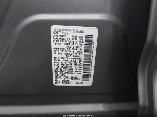 Продажа на аукционе авто 2014 Nissan Rogue Select S, vin: JN8AS5MV8EW707096, номер лота: 45006819