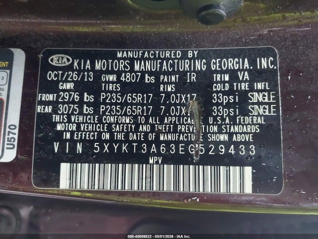 Продаж на аукціоні авто 2014 Kia Sorento Lx, vin: 5XYKT3A63EG529433, номер лоту: 45006822