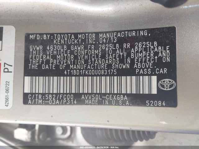 45006823 :رقم المزاد ، 4T1BD1FK0DU083175 vin ، 2013 Toyota Camry Hybrid Xle مزاد بيع