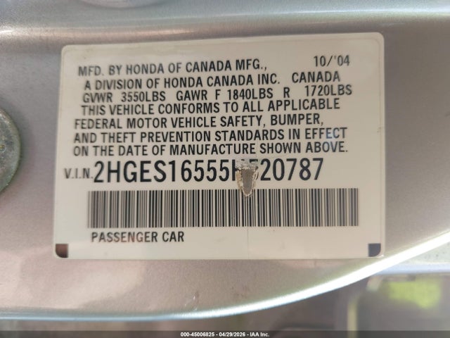 45006825 :رقم المزاد ، 2HGES16555H520787 vin ، 2005 Honda Civic Lx مزاد بيع