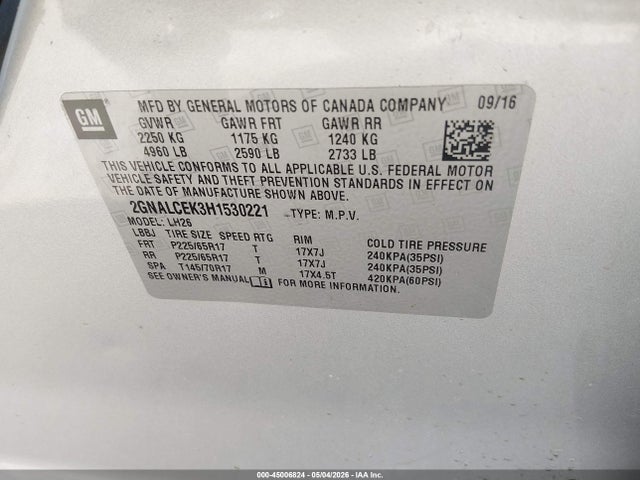 Aukcja sprzedaży 2017 Chevrolet Equinox Lt, vin: 2GNALCEK3H1530221, numer aukcji: 45006824