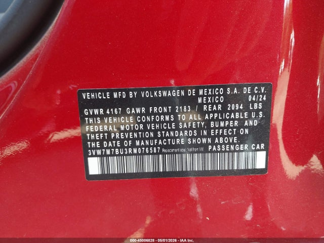 Aukcja sprzedaży 2024 Volkswagen Jetta 1.5t Se, vin: 3VW7M7BU3RM076587, numer aukcji: 45006828