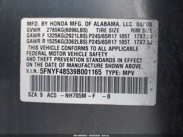 Продаж на аукціоні авто 2009 Honda Pilot Ex-l, vin: 5FNYF48539B001165, номер лоту: 45006833