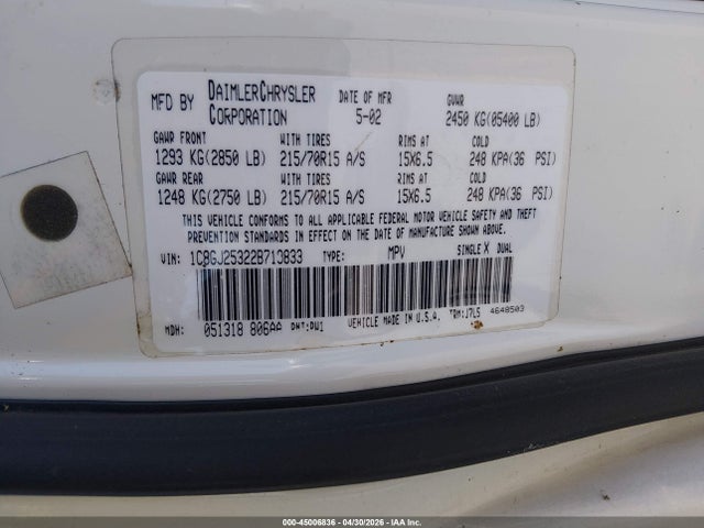 45006836 :رقم المزاد ، 1C8GJ25322B719833 vin ، 2002 Chrysler Voyager مزاد بيع