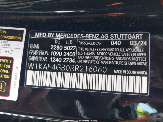 Aukcja sprzedaży 2024 Mercedes-benz C 300, vin: W1KAF4GB0RR216060, numer aukcji: 45006843