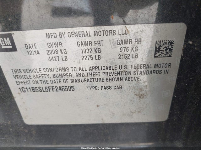 Auction sale of the 2015 Chevrolet Malibu Ls, vin: 1G11B5SL6FF246505, lot number: 45006846
