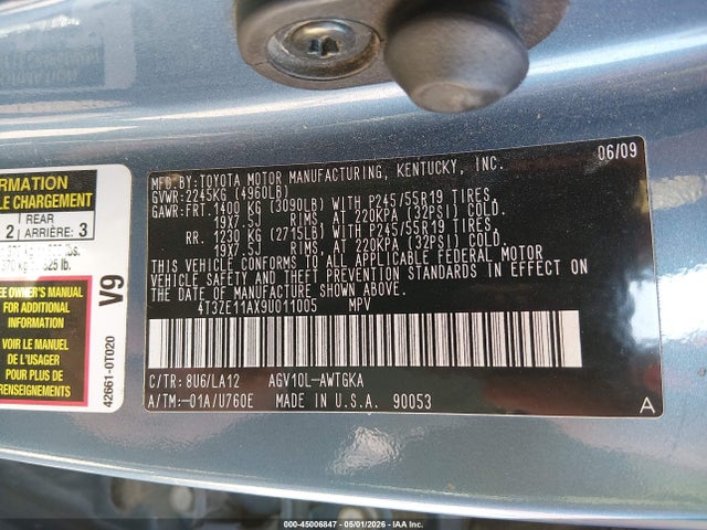 Aukcja sprzedaży 2009 Toyota Venza, vin: 4T3ZE11AX9U011005, numer aukcji: 45006847