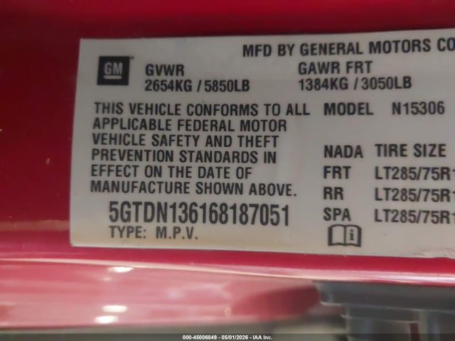 45006849 :رقم المزاد ، 5GTDN136168187051 vin ، 2006 Hummer H3 Suv مزاد بيع