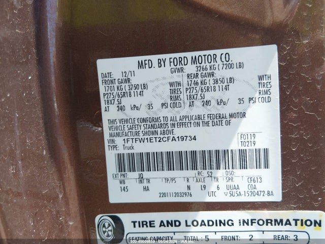 Aukcja sprzedaży 2012 Ford F-150 Fx4/king Ranch/lariat/platinum/xl/xlt, vin: 1FTFW1ET2CFA19734, numer aukcji: 45006859