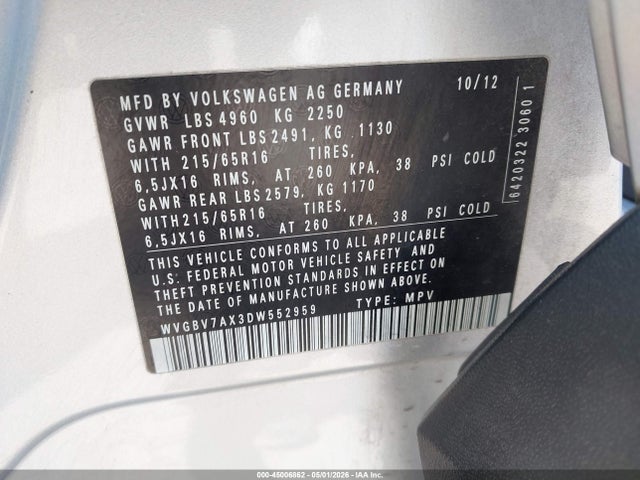 Aukcja sprzedaży 2013 Volkswagen Tiguan S, vin: WVGBV7AX3DW552959, numer aukcji: 45006862