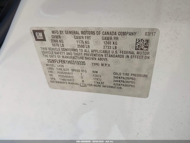 Aukcja sprzedaży 2017 Chevrolet Equinox Lt, vin: 2GNFLFEK1H6319335, numer aukcji: 45006886