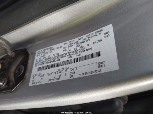 45006896 :رقم المزاد ، 1FTEW1E48KFB17928 vin ، 2019 Ford F-150 مزاد بيع
