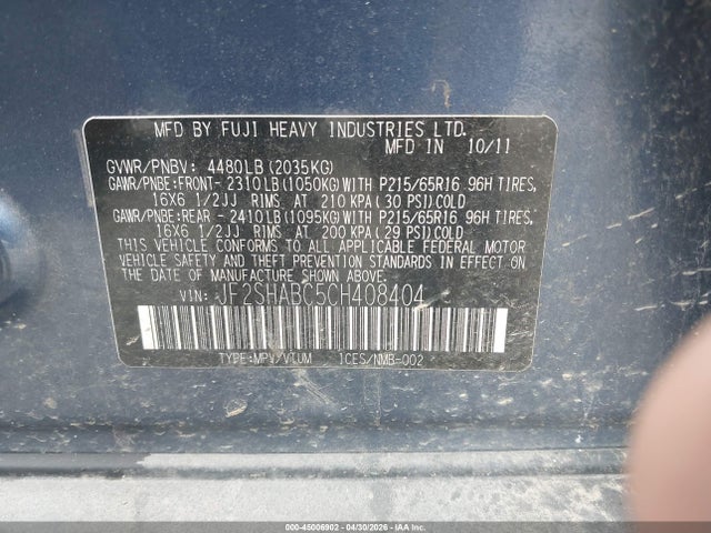 Продаж на аукціоні авто 2012 Subaru Forester 2.5x, vin: JF2SHABC5CH408404, номер лоту: 45006902