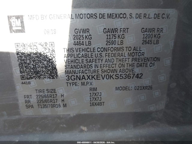 3GNAXKEV0KS536742 Chevrolet EQUINOX LT