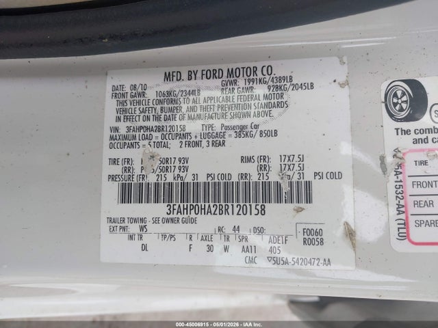 45006915 :رقم المزاد ، 3FAHP0HA2BR120158 vin ، 2011 Ford Fusion Se مزاد بيع
