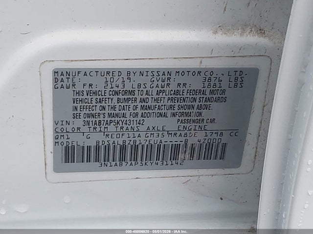 Aukcja sprzedaży 2019 Nissan Sentra S, vin: 3N1AB7AP5KY431142, numer aukcji: 45006920