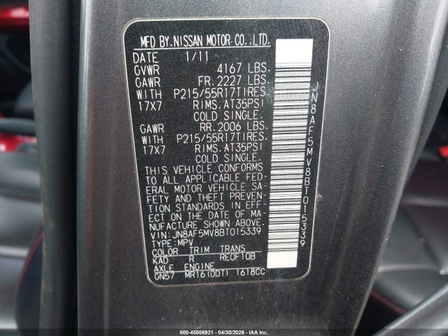 45006921 :رقم المزاد ، JN8AF5MV8BT015339 vin ، 2011 Nissan Juke Sl مزاد بيع