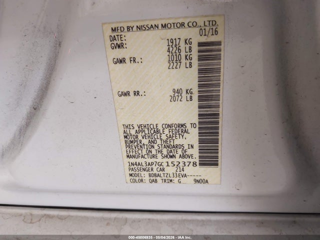 45006935 :رقم المزاد ، 1N4AL3AP7GC152378 vin ، 2016 Nissan Altima 2.5 Sl مزاد بيع