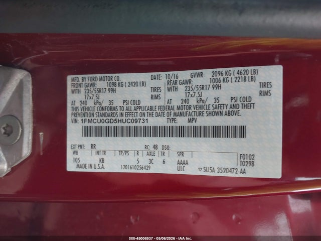 Продаж на аукціоні авто 2017 Ford Escape Se, vin: 1FMCU0GD5HUC09731, номер лоту: 45006937