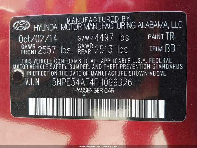 5NPE34AF4FH099926 Hyundai Sonata Limited