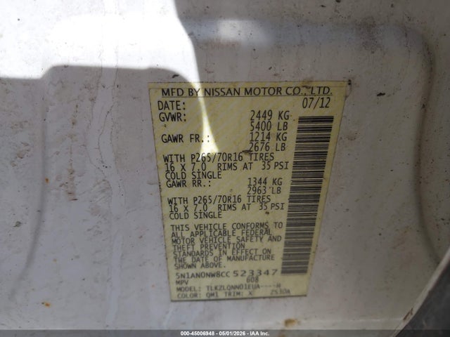 2012 Nissan Xterra X მანქანა იყიდება აუქციონზე, vin: 5N1AN0NW8CC523347, აუქციონის ნომერი: 45006948