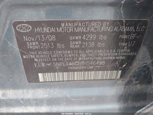 Продажа на аукционе авто 2009 Hyundai Sonata Gls, vin: 5NPET46C69H546498, номер лота: 45006949