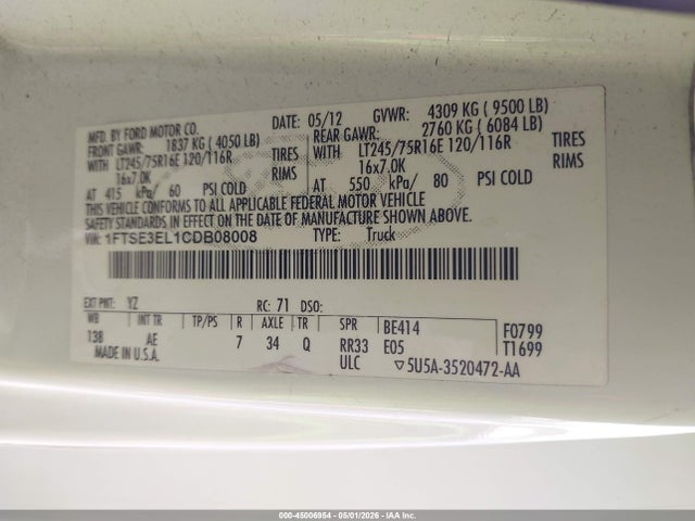 45006954 :رقم المزاد ، 1FTSE3EL1CDB08008 vin ، 2012 Ford Econoline Recreational/super Duty Commercial مزاد بيع