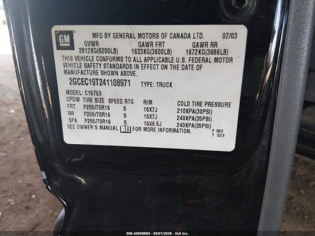 Продаж на аукціоні авто 2004 Chevrolet Silverado 1500 Ls, vin: 2GCEC19T241108971, номер лоту: 45006960