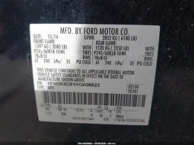 Aukcja sprzedaży 2017 Ford Explorer Xlt, vin: 1FM5K8D81HGA96623, numer aukcji: 45006963
