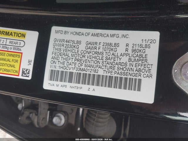 1HGCV1F33MA012182 Honda Accord Sport
