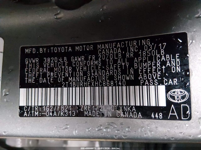 2017 Toyota Corolla Le მანქანა იყიდება აუქციონზე, vin: 2T1BURHEXHC868140, აუქციონის ნომერი: 45006973