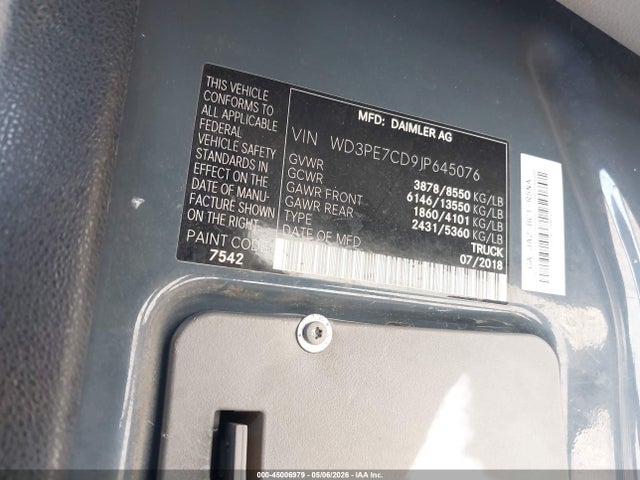Продаж на аукціоні авто 2018 Mercedes-benz Sprinter 2500 Standard Roof V6, vin: WD3PE7CD9JP645076, номер лоту: 45006979