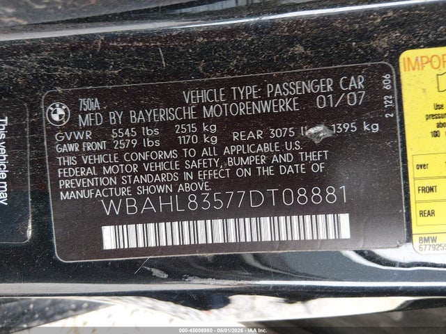 Auction sale of the 2007 Bmw 750i, vin: WBAHL83577DT08881, lot number: 45006980