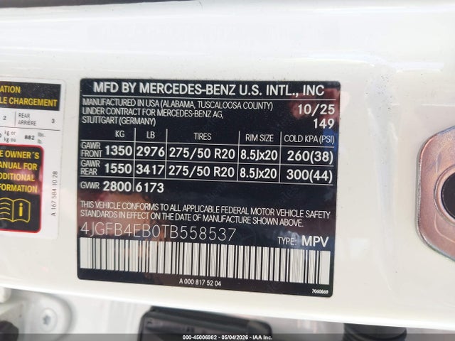 45006982 :رقم المزاد ، 4JGFB4EB0TB558537 vin ، 2026 Mercedes-benz Gle 350 مزاد بيع