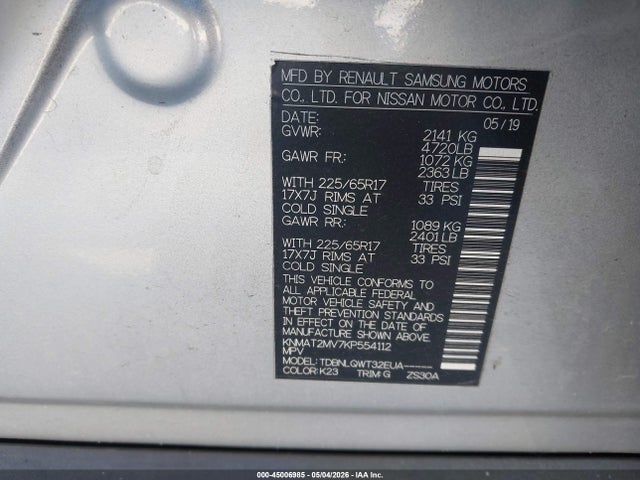 45006985 :رقم المزاد ، KNMAT2MV7KP554112 vin ، 2019 Nissan Rogue Sv مزاد بيع